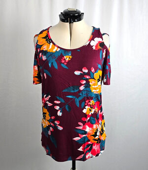 iGENJUN Blouse Women's L Maroon Multi Color Floral Cold Shoulder Sleeve NWT